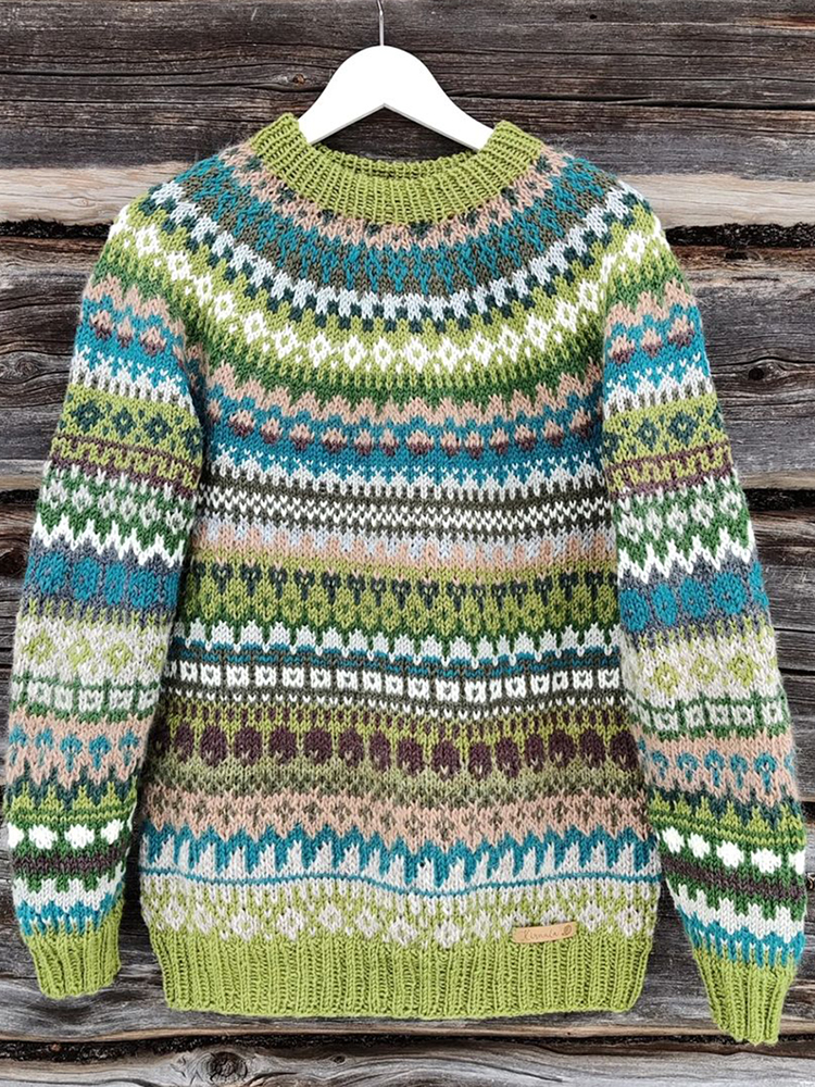 Vingate Ethnic Stripes Iceland Jacquard Knitted Pullover Sweater