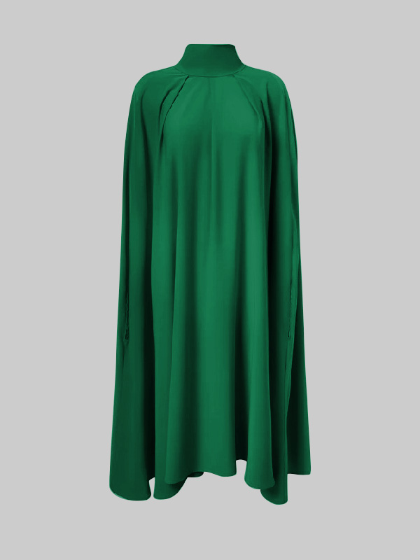 Simple Batwing Sleeves Lace-Up Solid Color High-Neck Midi Dresses