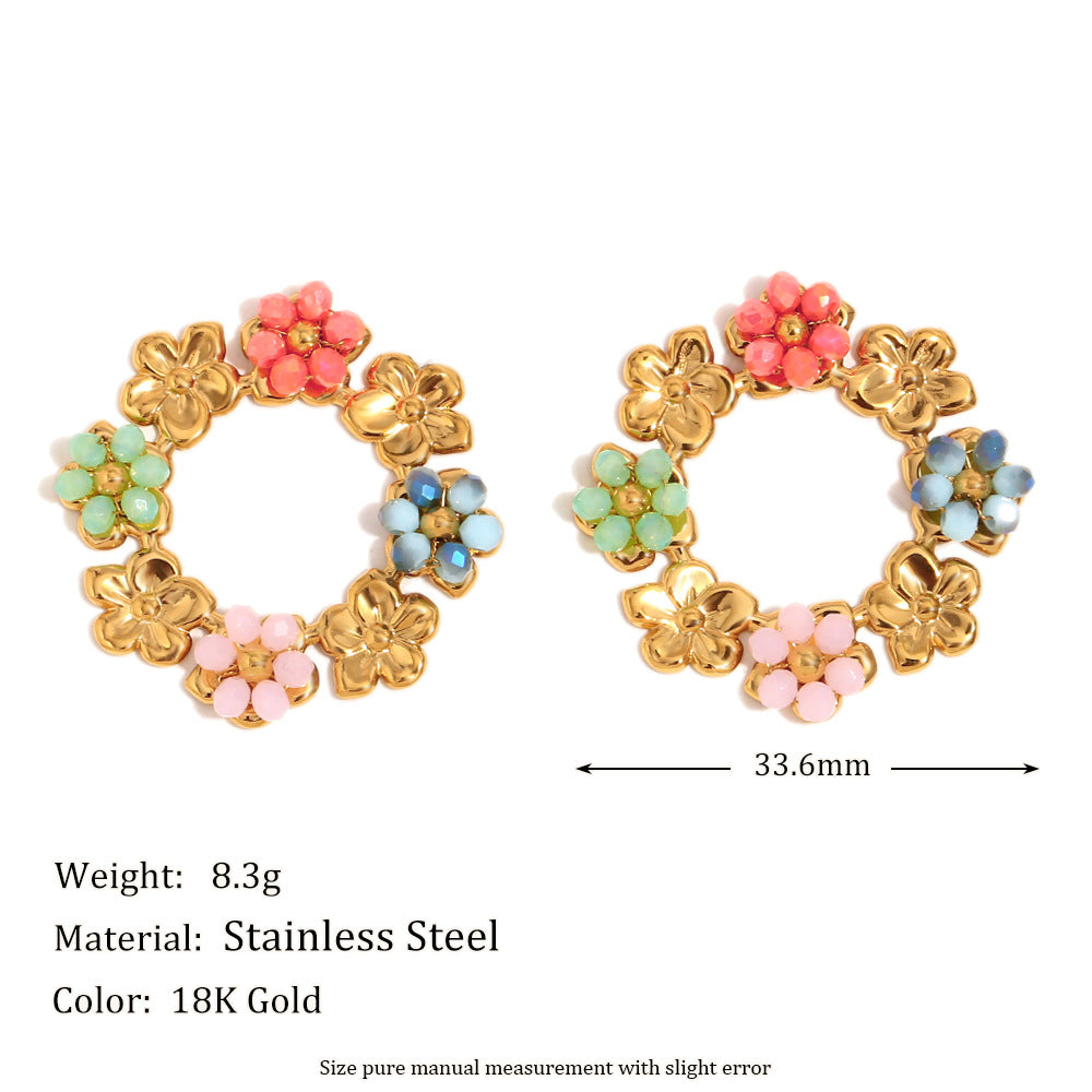 Niche Colorful Flower Hoop Earrings Stainless Steel 18K Gold Plated French Malachite Earrings