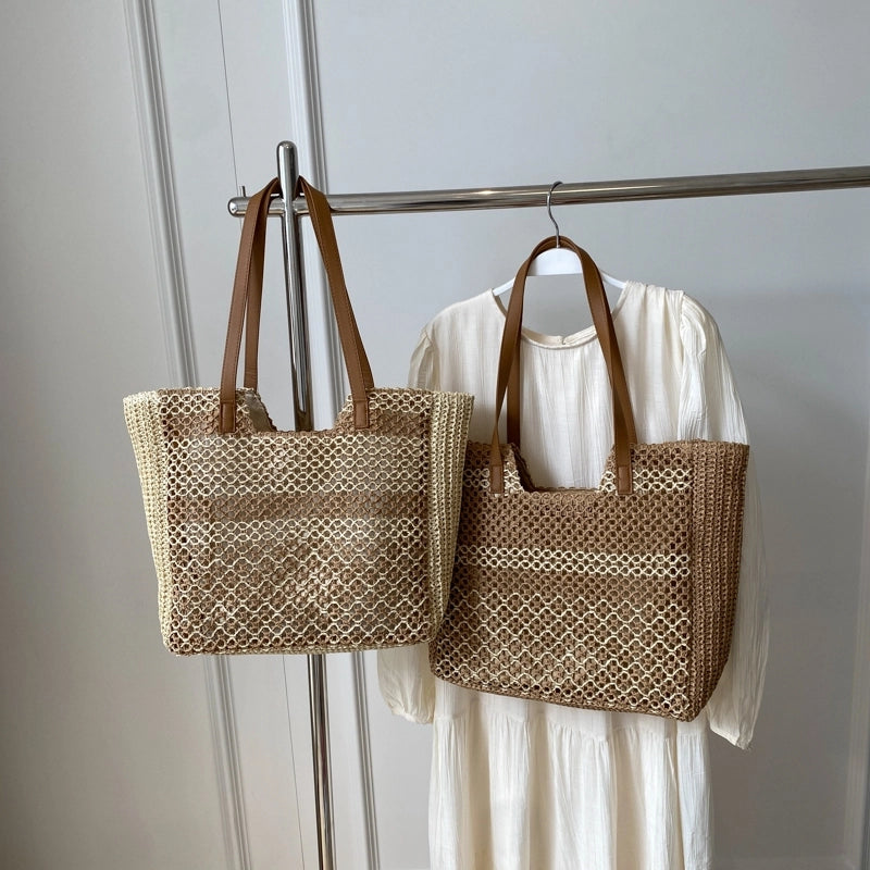 Women's Large Straw Geometric Elegant Square Zipper Shoulder Bag Underarm Bag