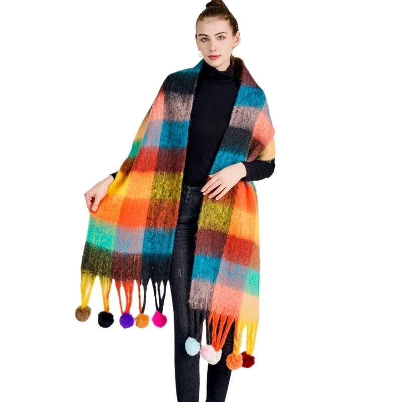 New Rainbow Stitching Dyed Plaid Scarf Women's Winter Atmosphere Long Style Thickened Tassel Scarf