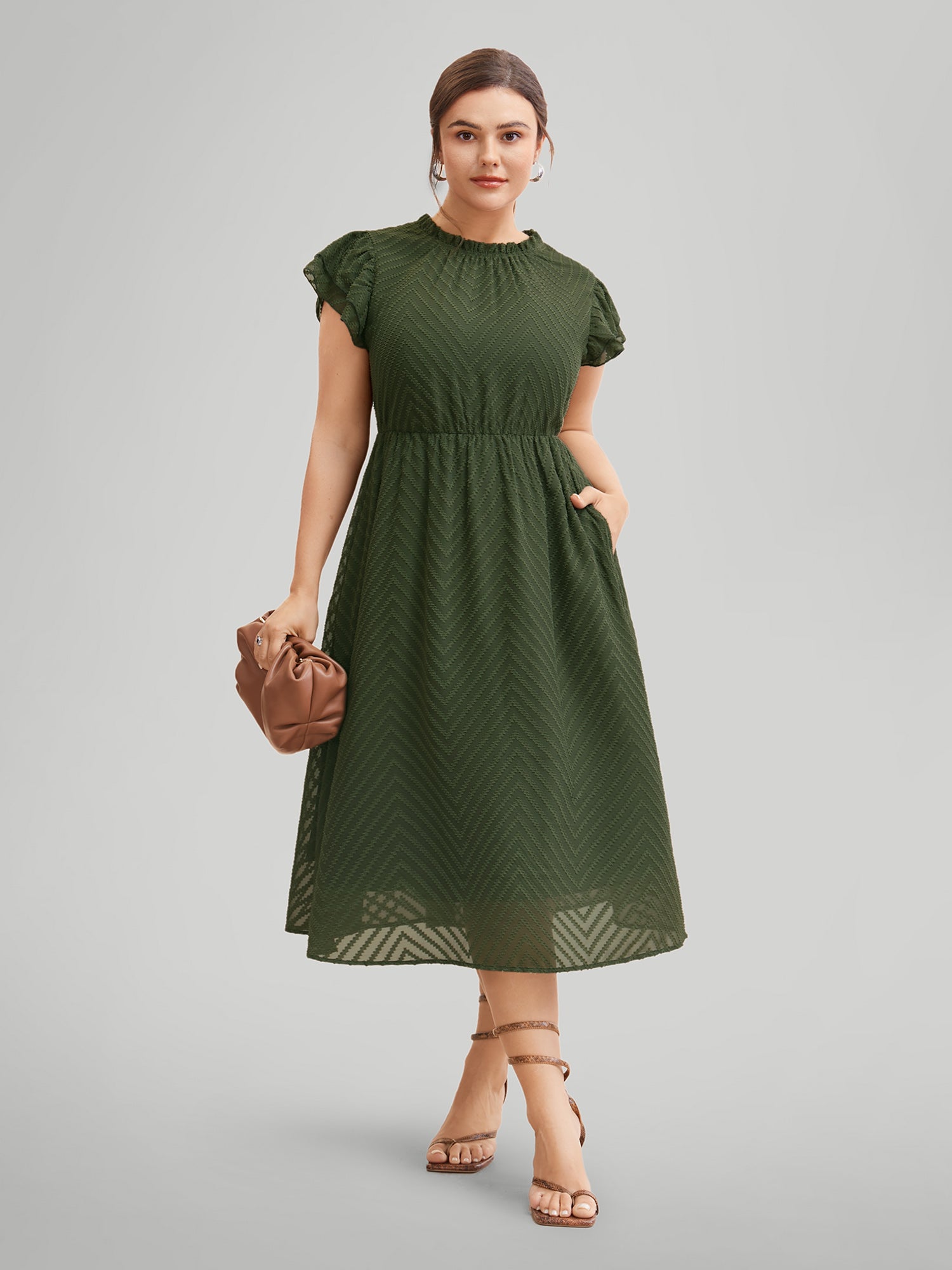 Plain Geometric Layered Sleeve Pocket Ruffle Mock Neck Dress