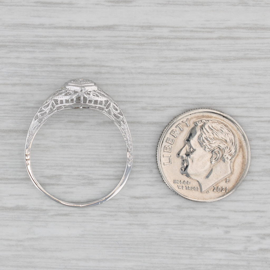 Vintage Filigree Diamond Solitaire Ring 18k White Gold Size 8