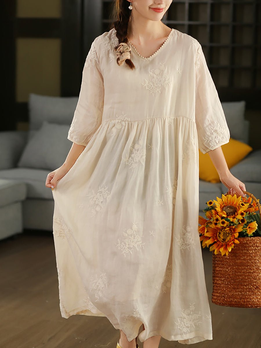 Women Summer Artsy Embroidery O-Neck 100%Ramie Dress