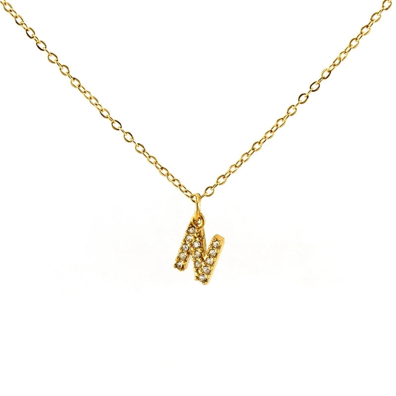 Minimalist Classic Style Letter Titanium Steel Zircon 18K Gold Plated Inlay Pendant Necklace