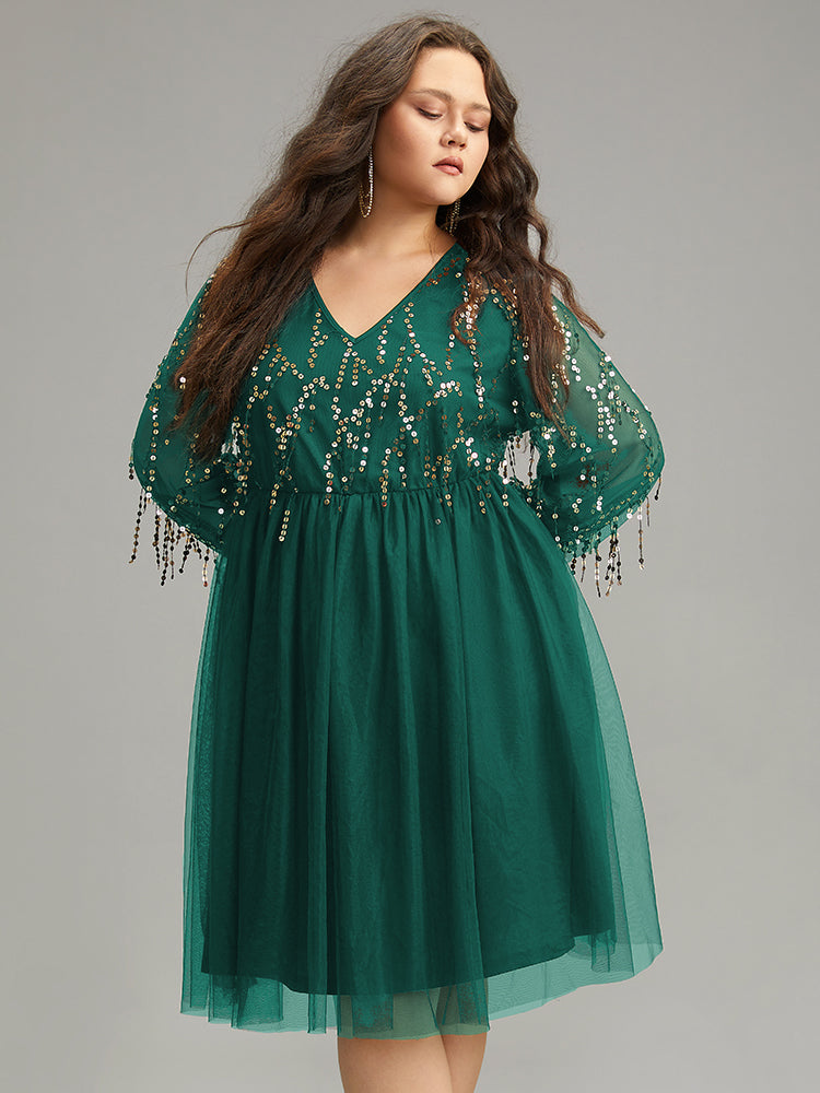 Sequin Mesh Patchwork Tassel Dress