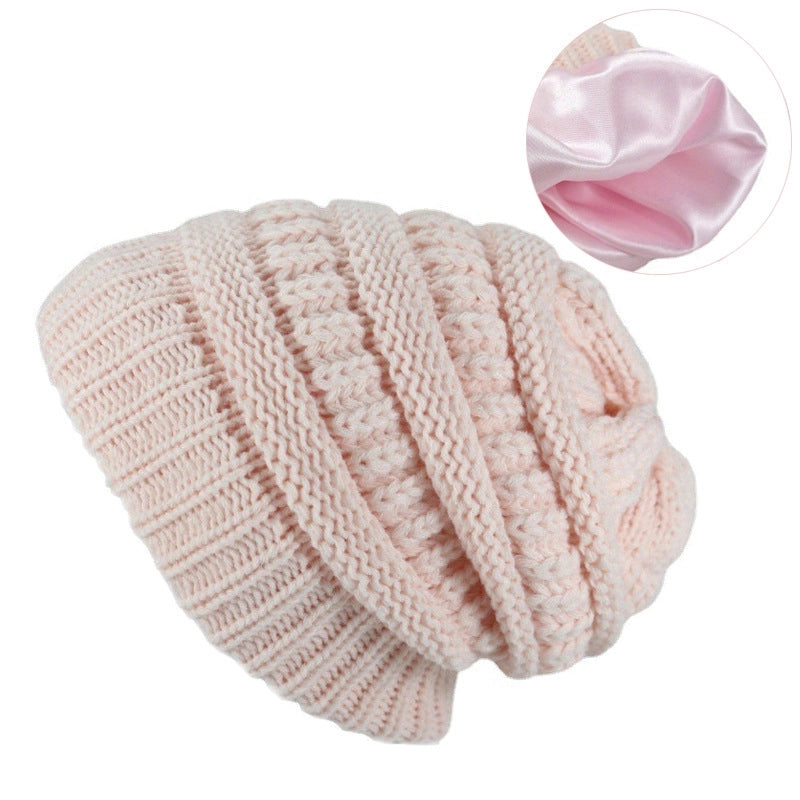 Autumn And Winter Solid Color Knitted Warm Ear Protection Hat Satin Lining Wool Cap Cap Cap Manufacturers Selling