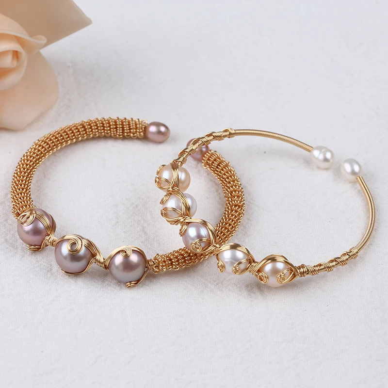 Fahion Freshwater Pearl Wrapped Adjustable Cuff Opening Bangle Bracelet For Women