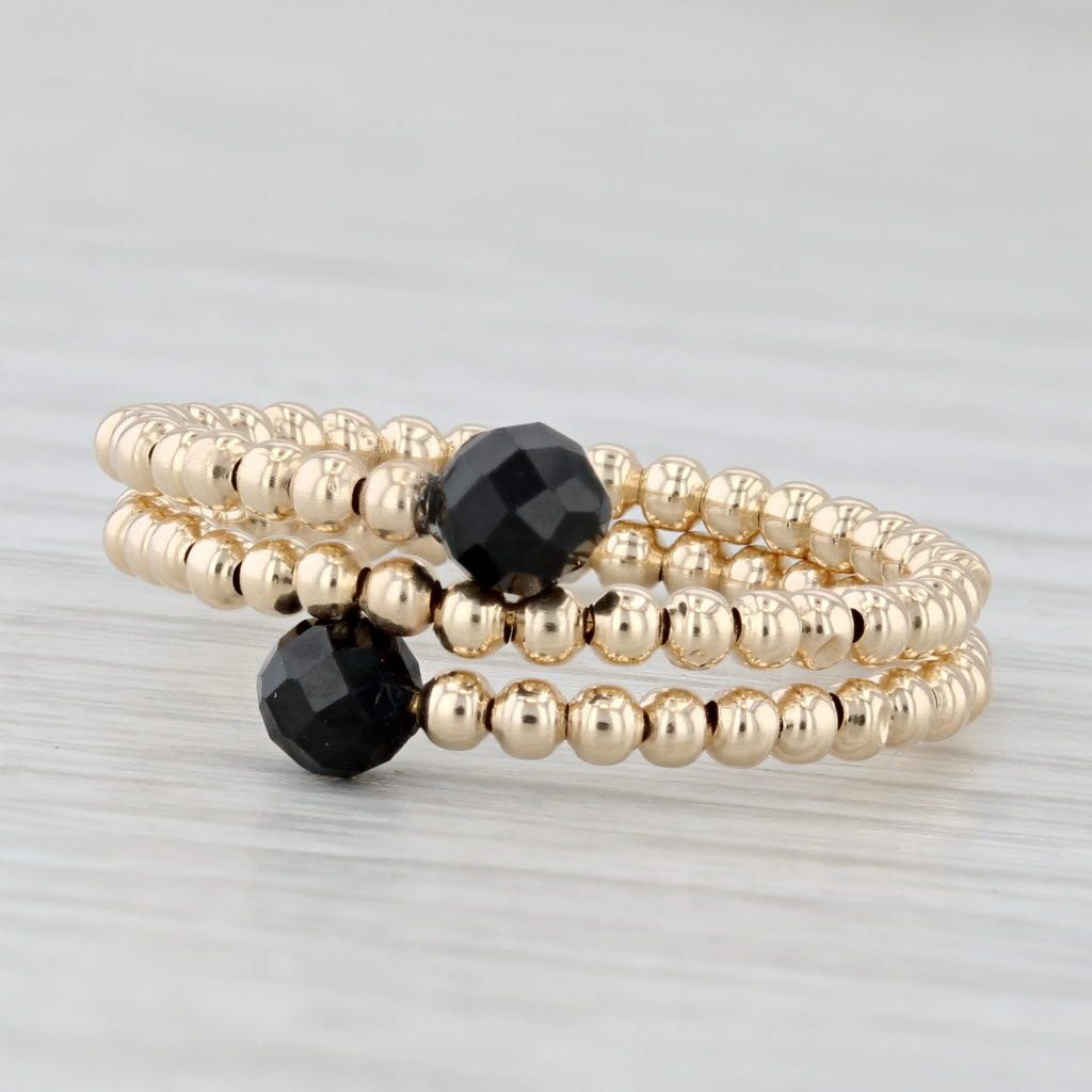 New Black Glass Bead Bypass Ring 14k Yellow Gold Adjustable Size 8