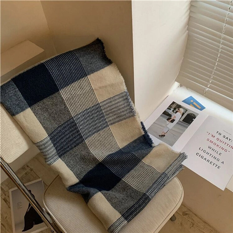 Winter Blue Plaid Scarf Women's Dual-use Shawl British Classic Cashmere Extra-large Warm Neck