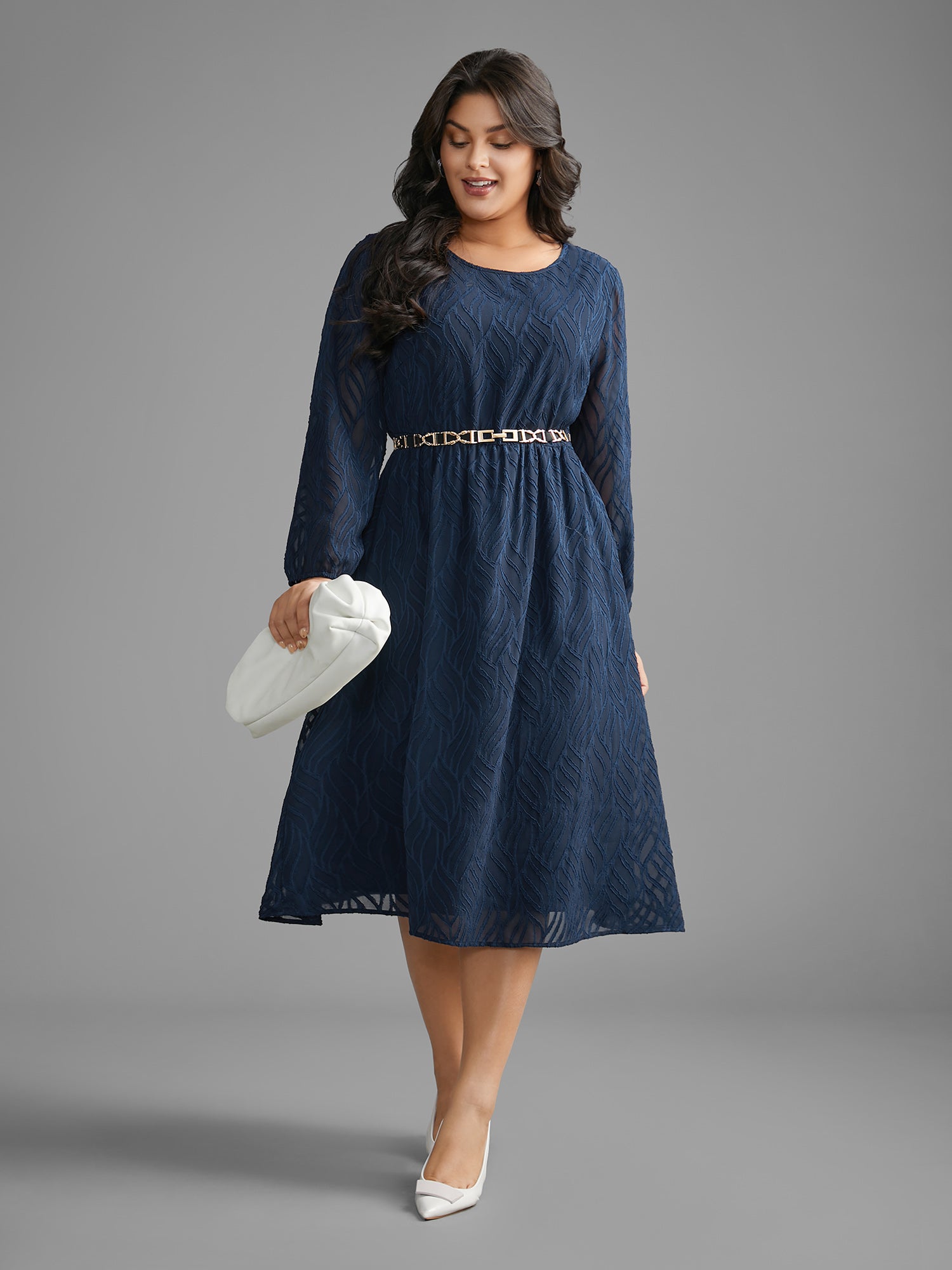 Textured Chiffon Lantern Sleeve Midi Dress