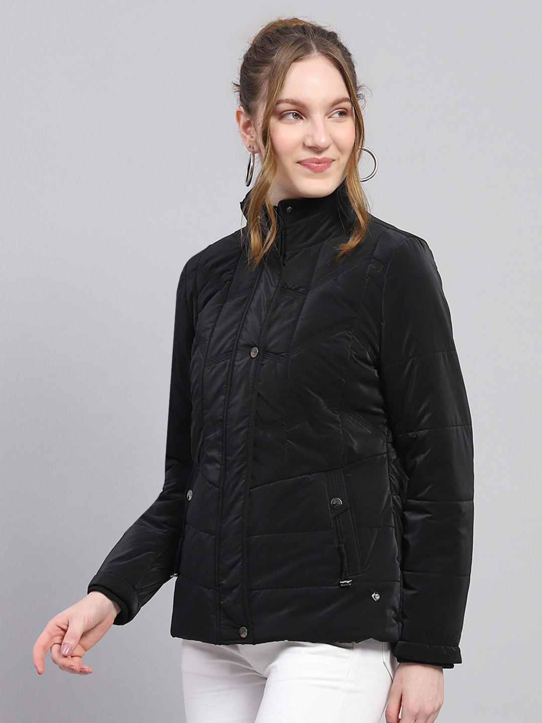 Women Black Solid High Neck Full Sleeve Jacket