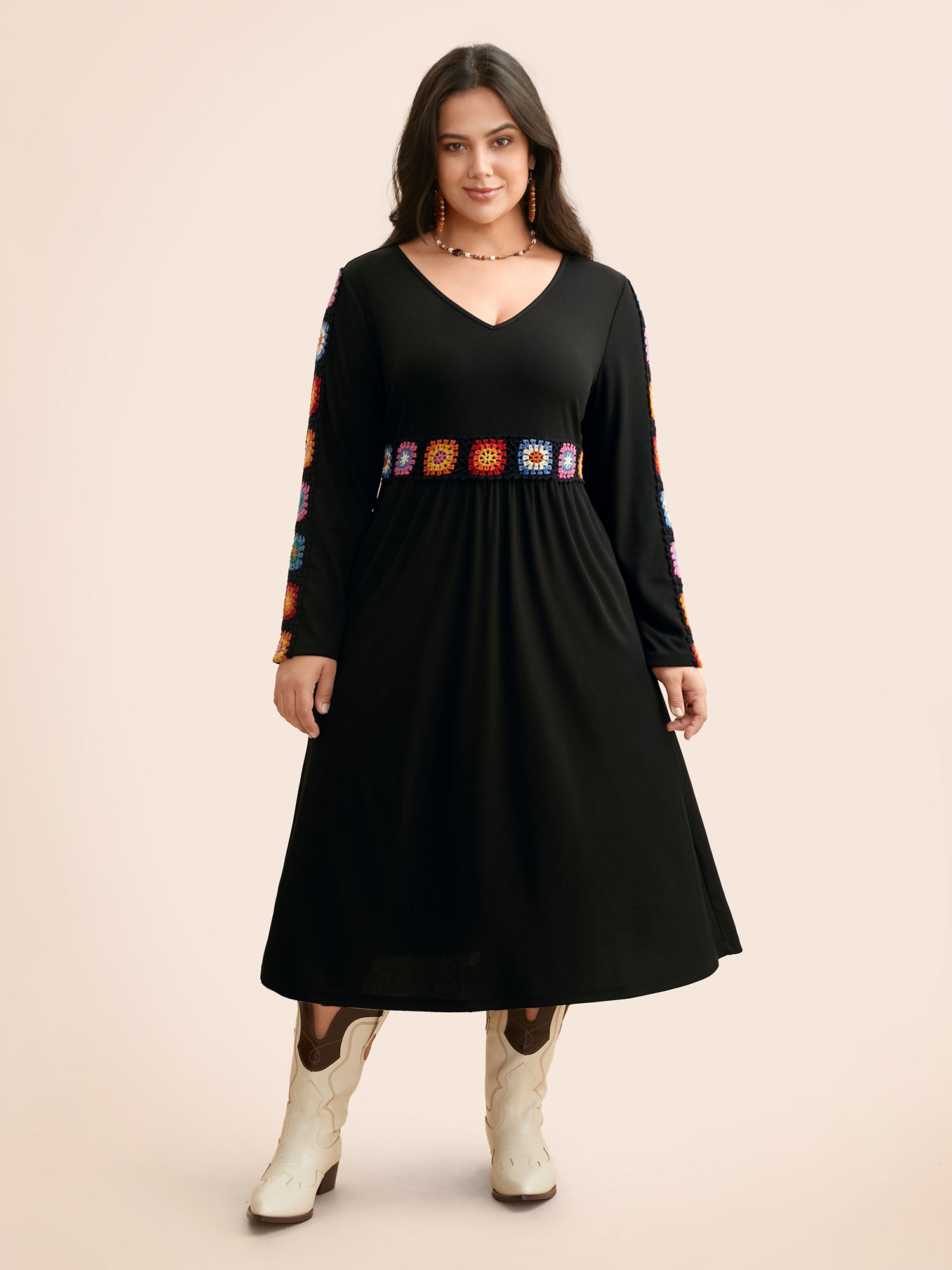 V Neck Crochet Floral Patchwork Dress