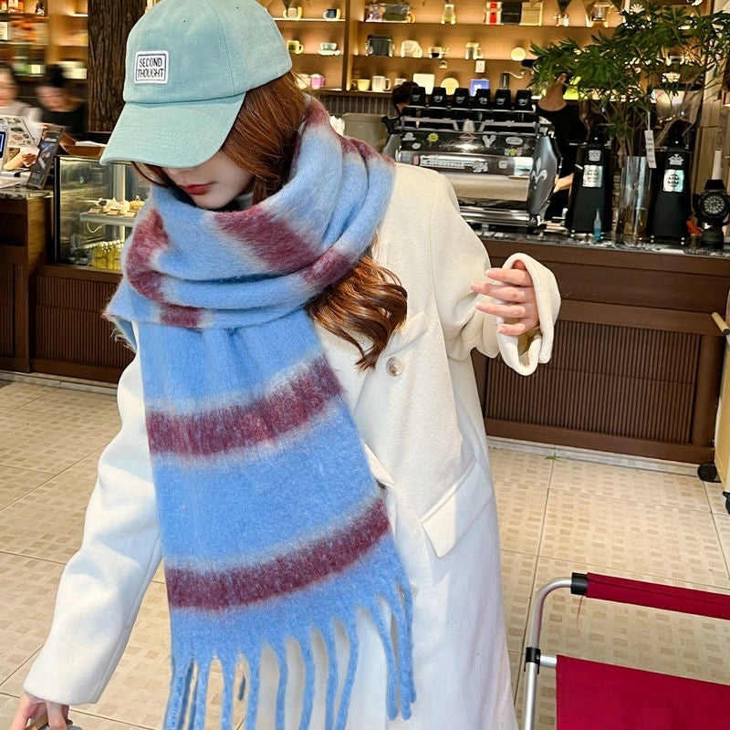 Women's Preppy Style Vacation Sweet Color Block Stripe Mohair Tassel Scarf