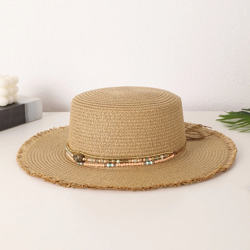 Women's Vacation Pastoral Solid Color Straps Wide Eaves Straw Hat