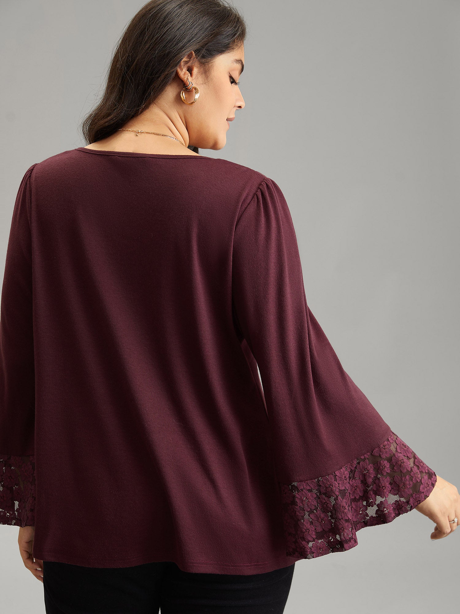 Floral Embroidered Lace Panel Bell Sleeve T-shirt