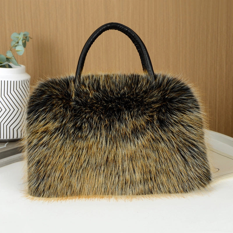 Women's Large Imitation Fur Solid Color Basic Classic Style Square Zipper Tote Bag