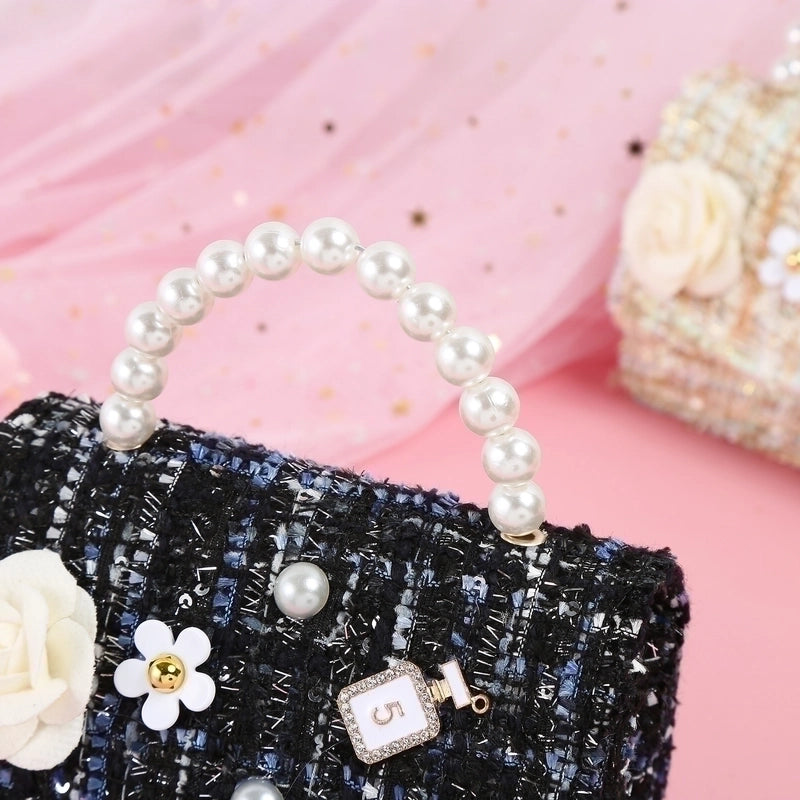 Girl's Plush Flower Streetwear Pearls Square Flip Cover Handbag
