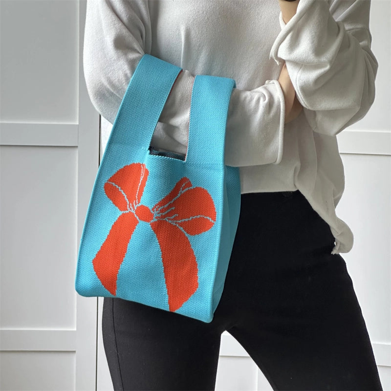 Women's Small Knit Printing Lattice Flower Elegant Classic Style Square Open Handbag