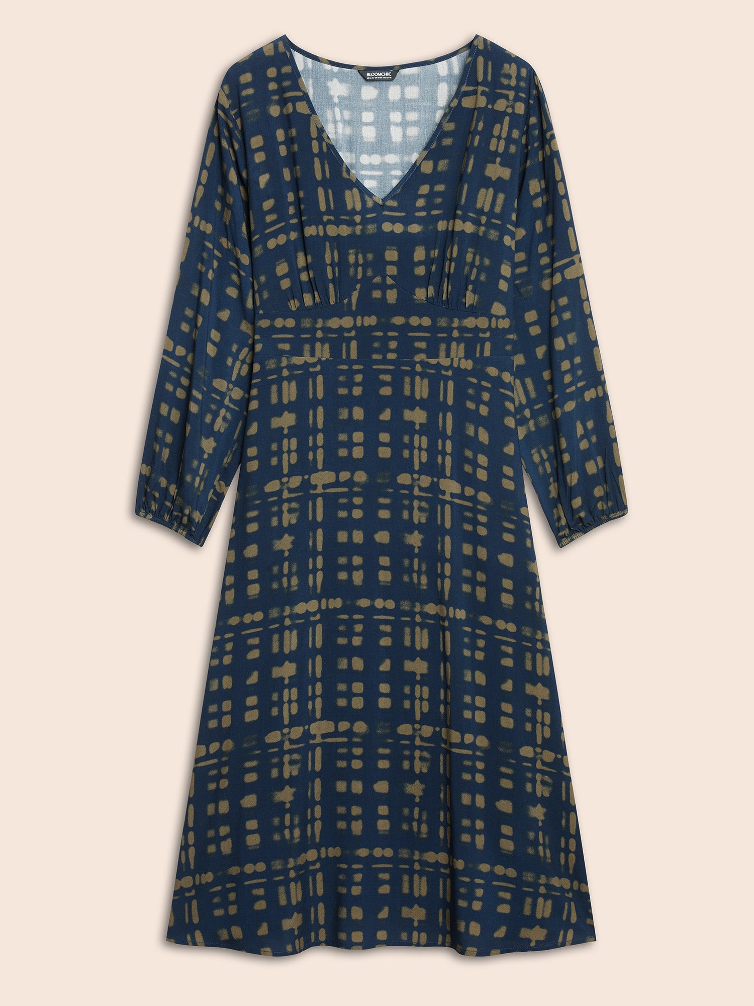 V Neck Plaid Lantern Sleeve Dress