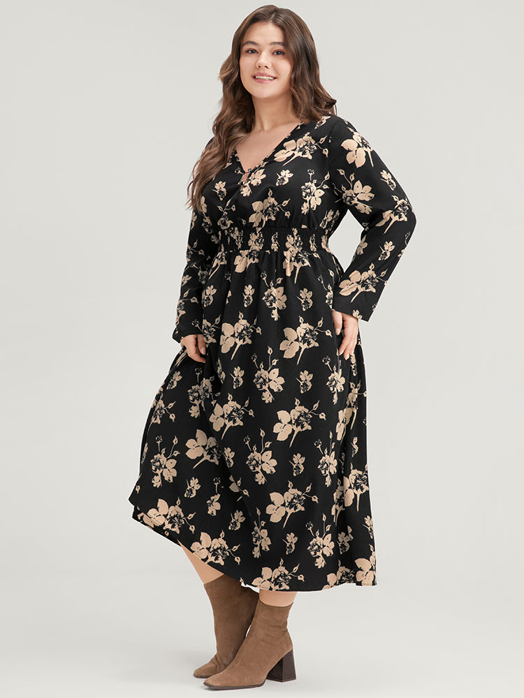 Floral V Neck Button Pocket Shirred Midi Dress