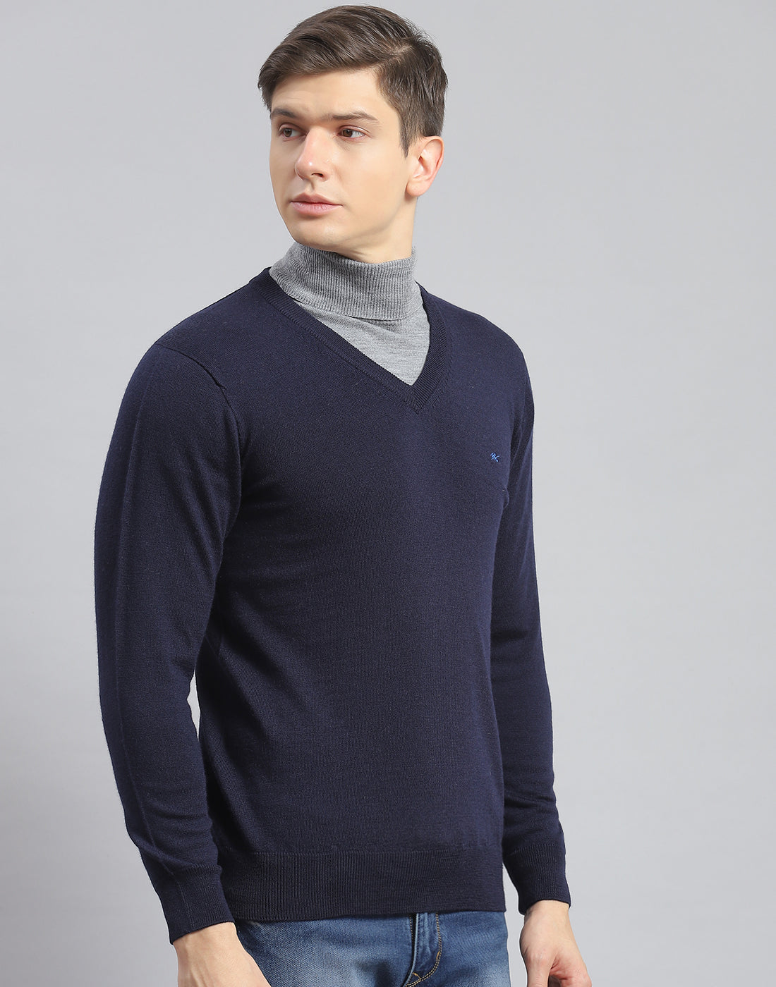 Men Navy Blue Solid V Neck Full Sleeve Pullover