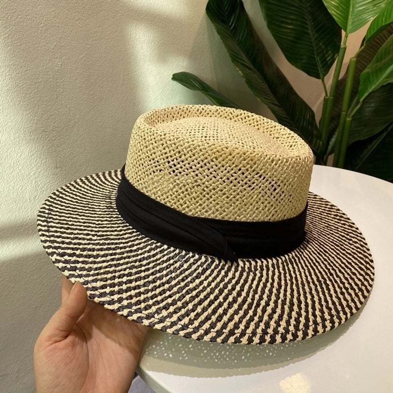 Women's Retro French Style Color Block Straps Wide Eaves Straw Hat