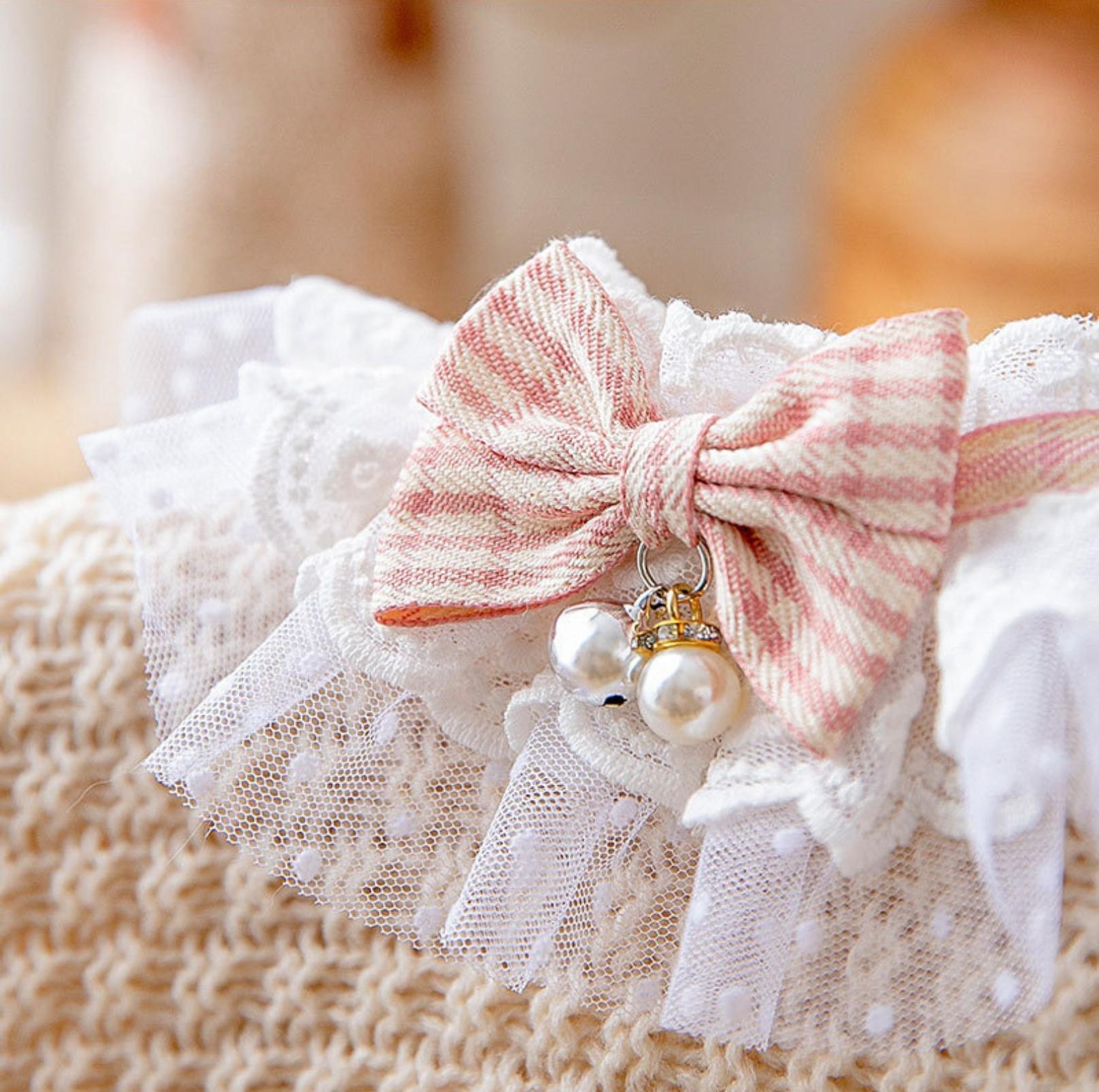 Lace-Decorated Plaid Bowtie Pet Bib with Bell