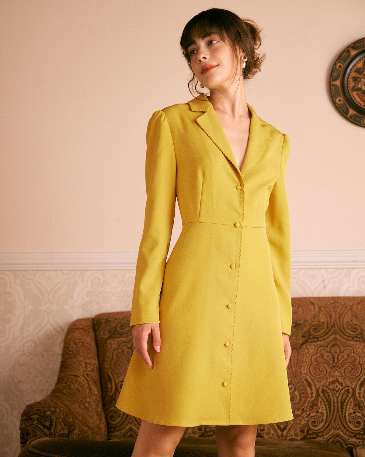 The Yellow Lapel Scalloped Button Mini Dress