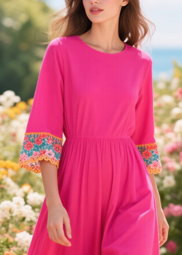 Plus Size Rose O-Neck Patchwork Cotton Robe Dresses Summer