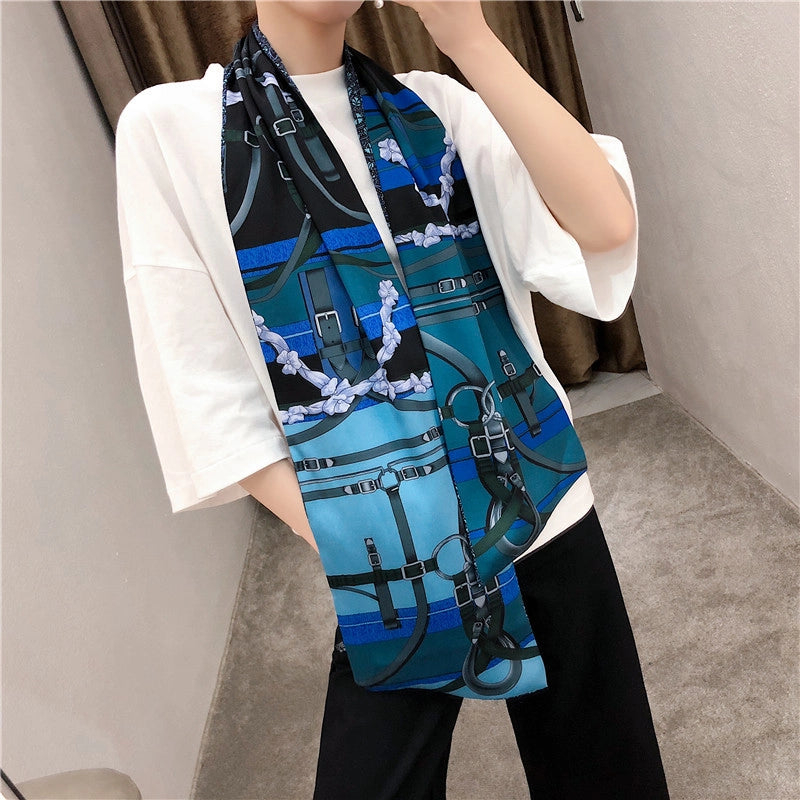 New Belts Metal Buckles Double-layer Printed Silk Scarves Twill Satin Long Silk Scarves