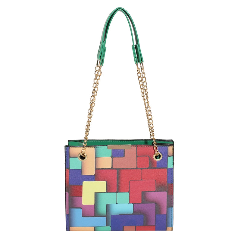 Women's Pu Leather Color Block Lattice Streetwear Square Zipper Shoulder Bag Crossbody Bag