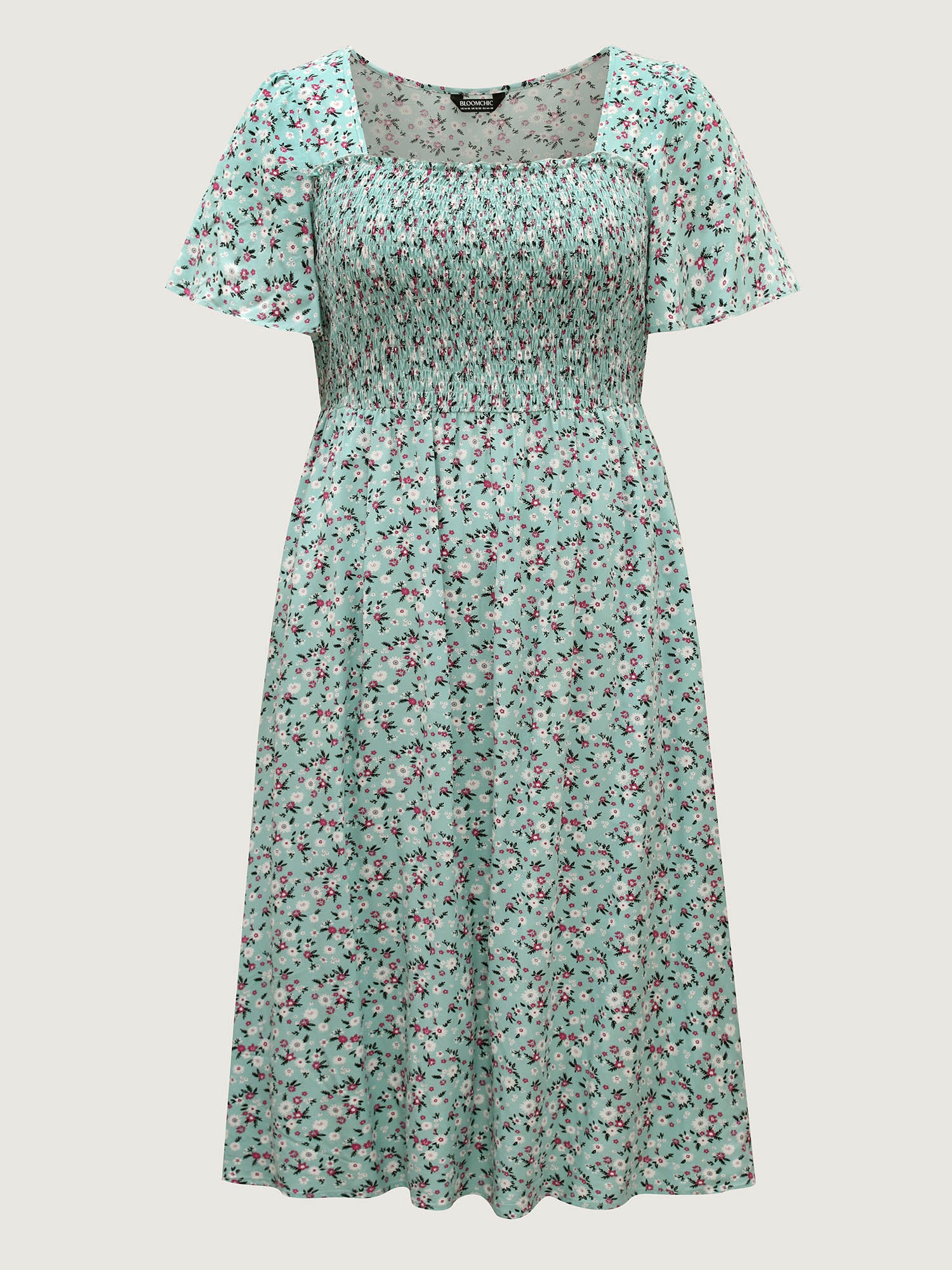 Rayon Ditsy Floral Print Shirred Midi Dress