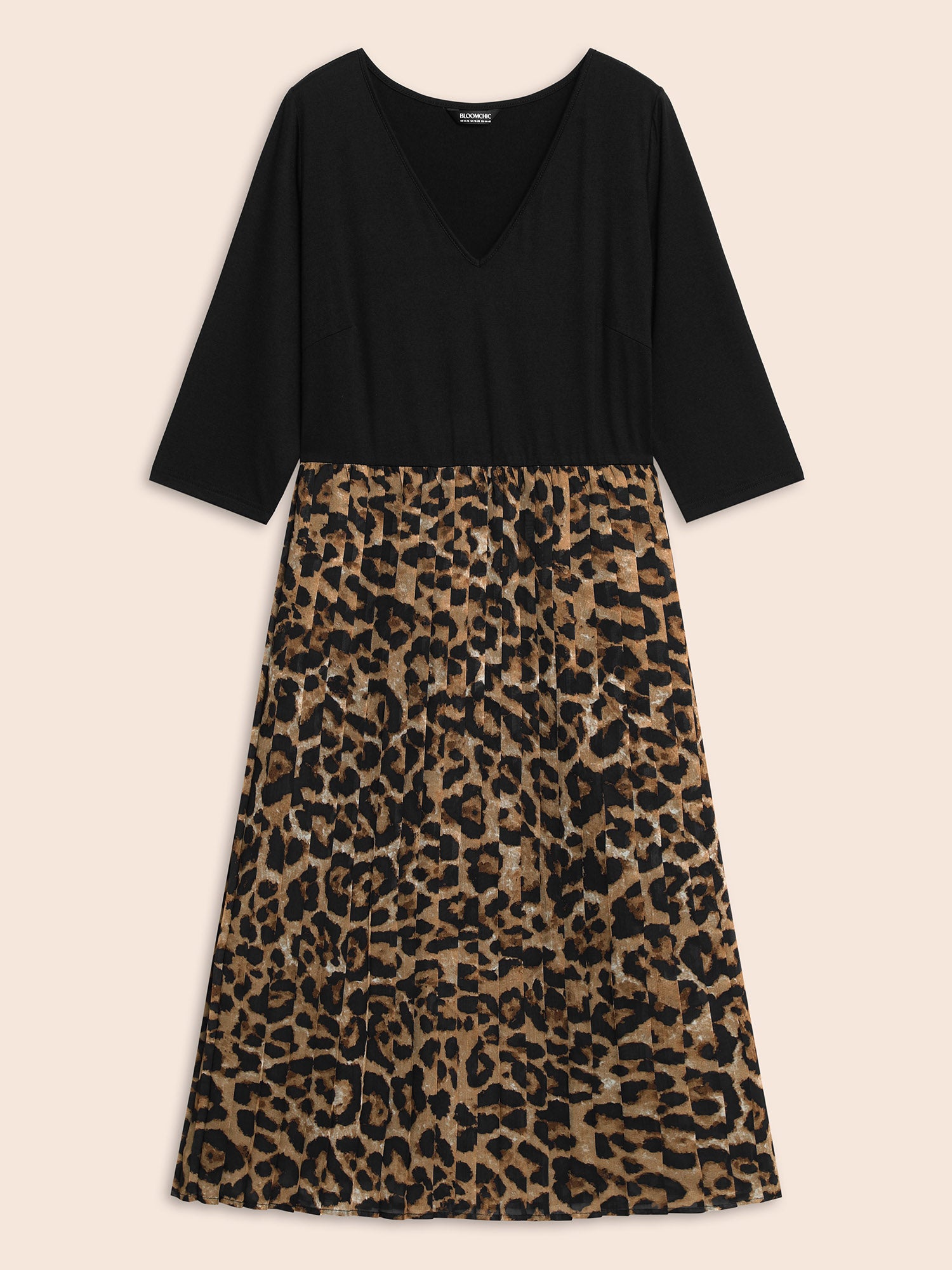 V Neck Leopard Print Patchwork Dress