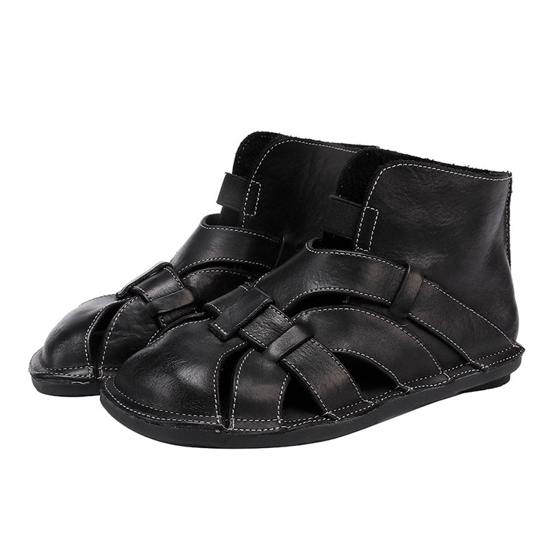 Washed Cowhide Leather Woven High-Top Flats Sandals in Caramel/Black