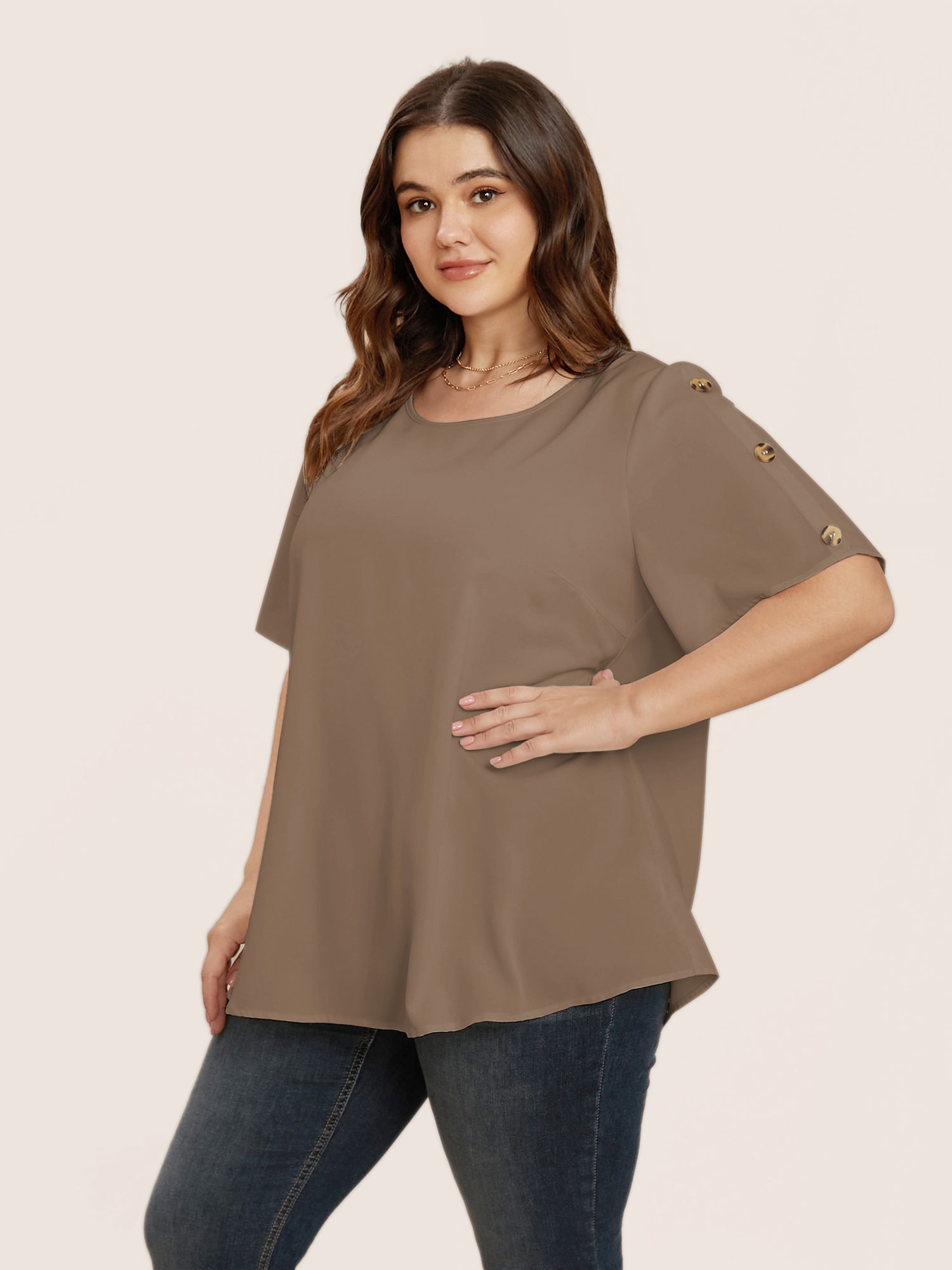 Plain Round Neck Button Detail Blouse