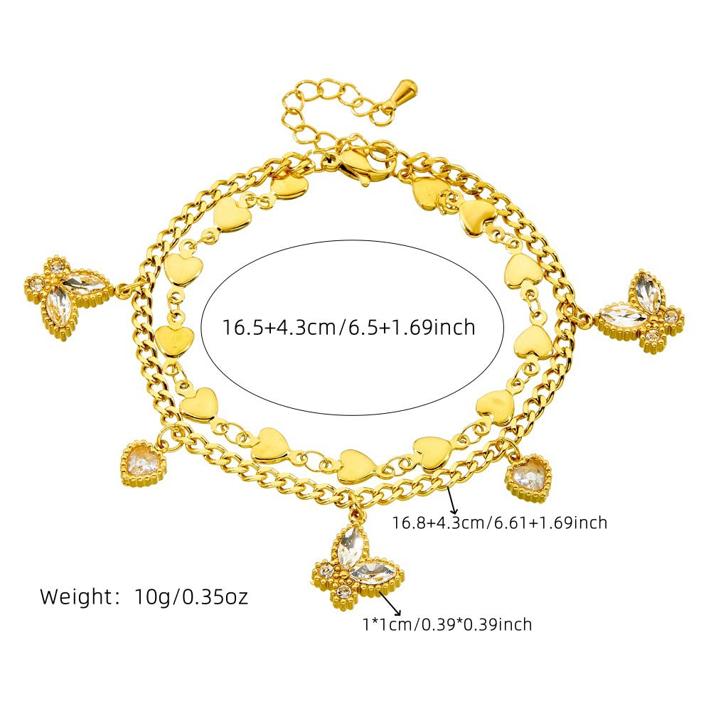 Fashion Stainless Steel Double-Layered Heart-Shaped Diamond Butterfly Heart-Shaped Bracelet