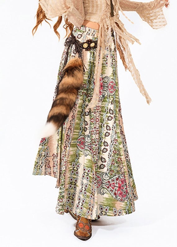 Boho Green High Waist Print A Line Skirt Summer
