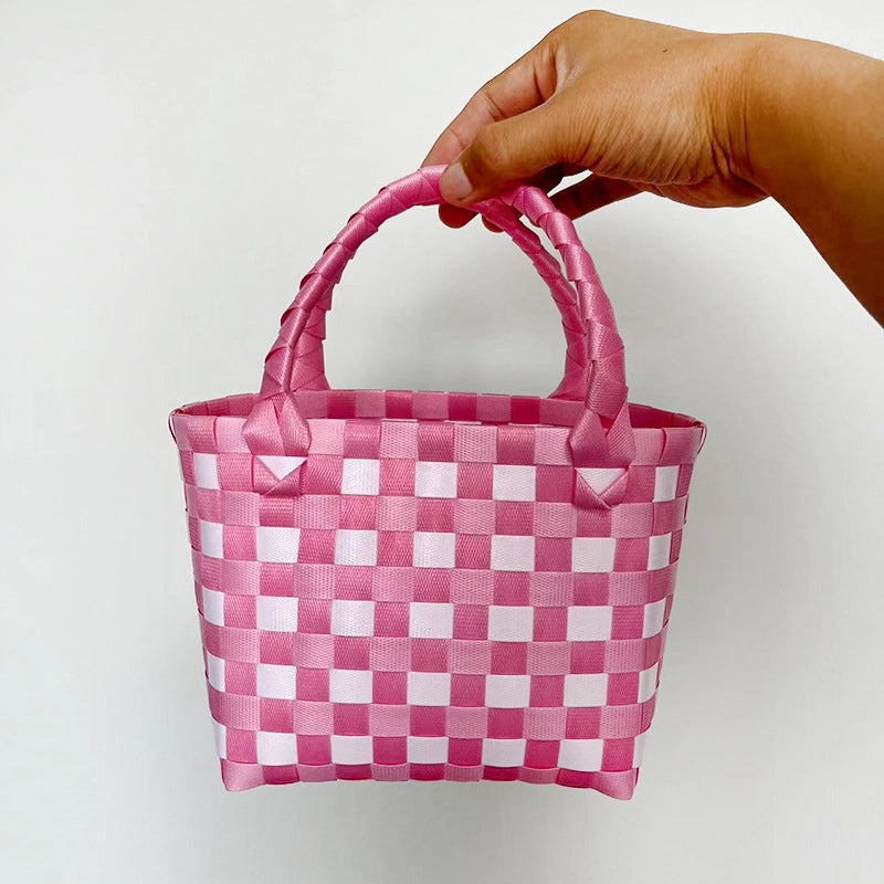Women's PVC Color Block Plaid Vacation Weave Square Open Square Bag