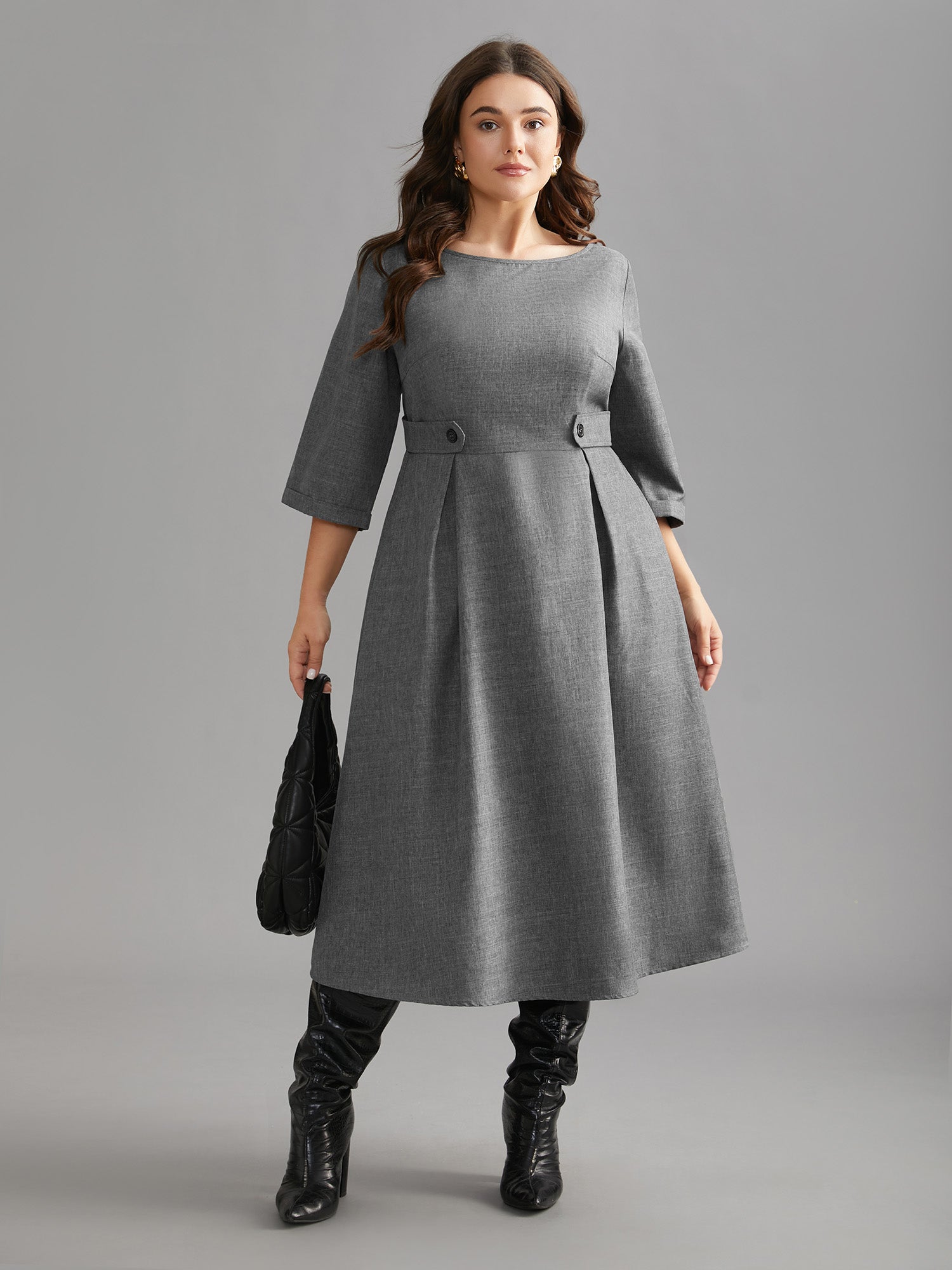 Buckled Waist Loops Pleated Midi Dress