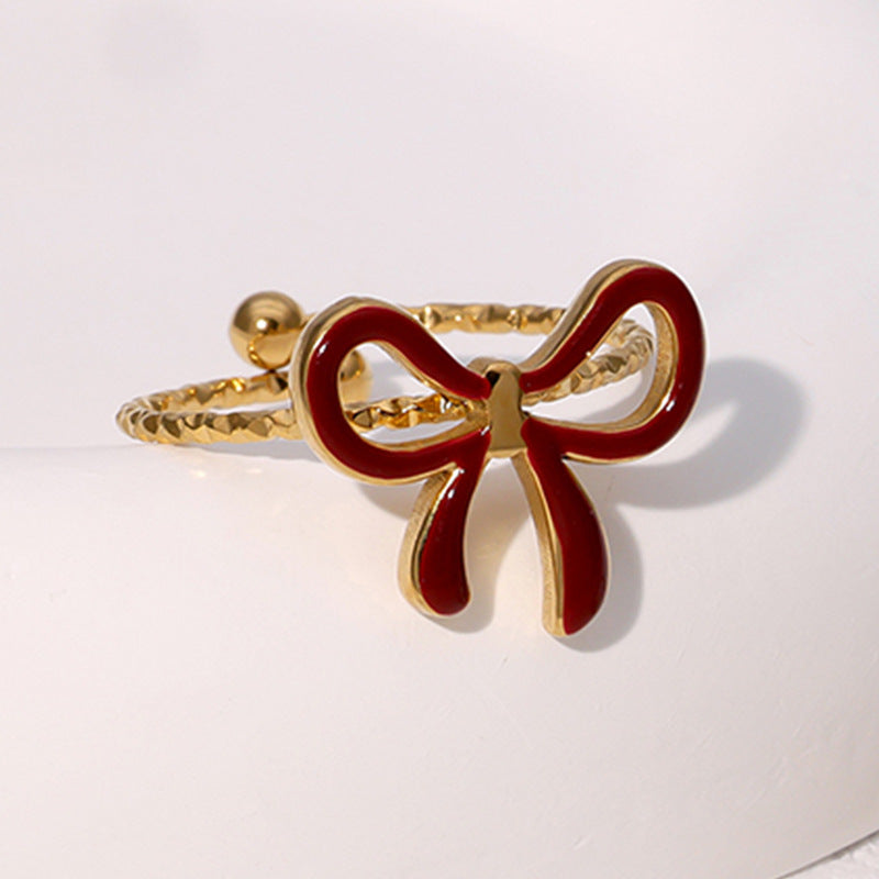 Fashionable Simple Cute Sweet Ins-Style Gold-Plated Bow-Knot Open Stainless Steel Ring Jewelry For Women