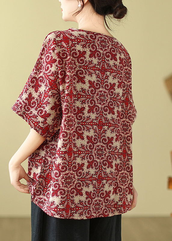 Natural Red Print Loose T Shirts Short Sleeve
