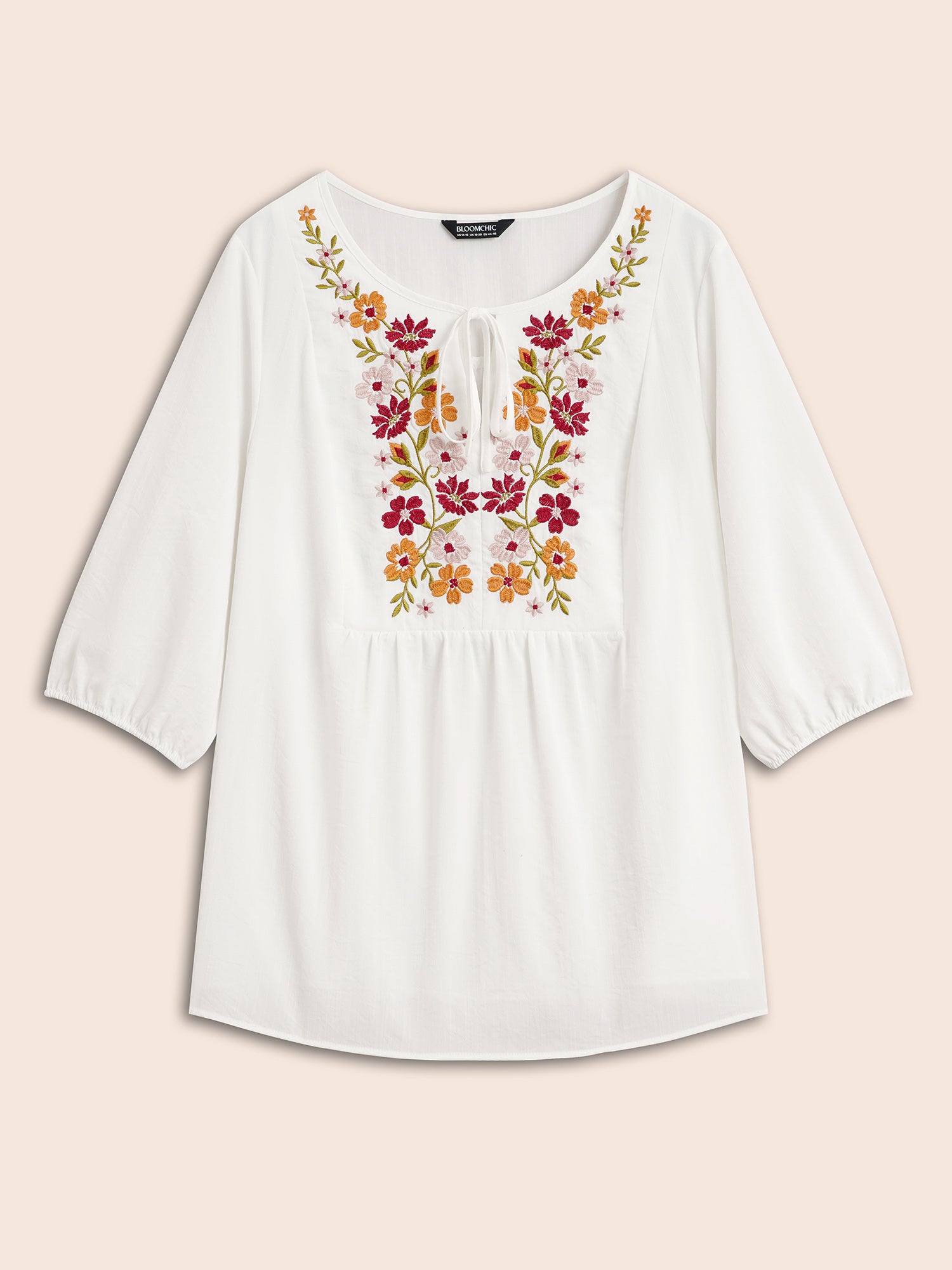 Floral Embroidered Tie Knot Lantern Sleeve Blouse