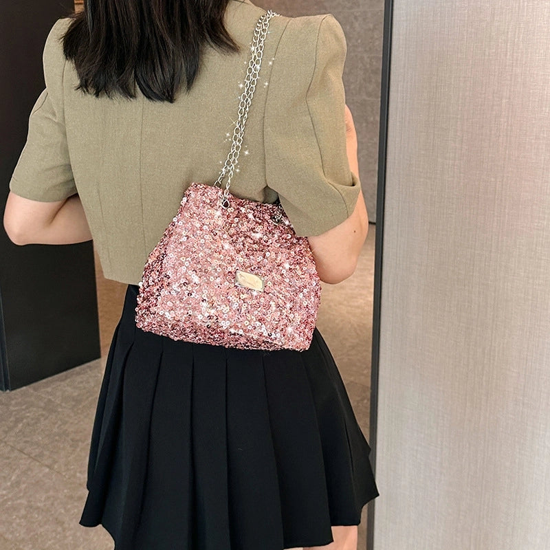 Women's Medium Sequin Solid Color Streetwear Bucket String Bucket Bag