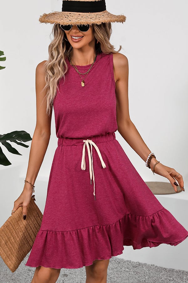 Fashion Solid Color Tie Waist Casual Dress