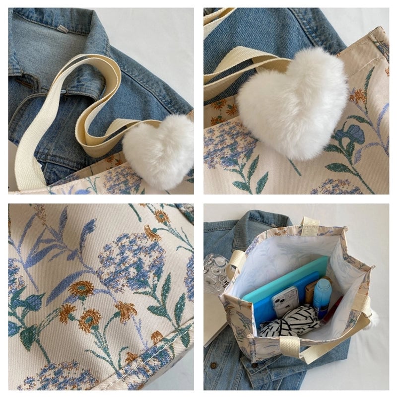 Women's Large Canvas Flower Basic Classic Style Open Tote Bag