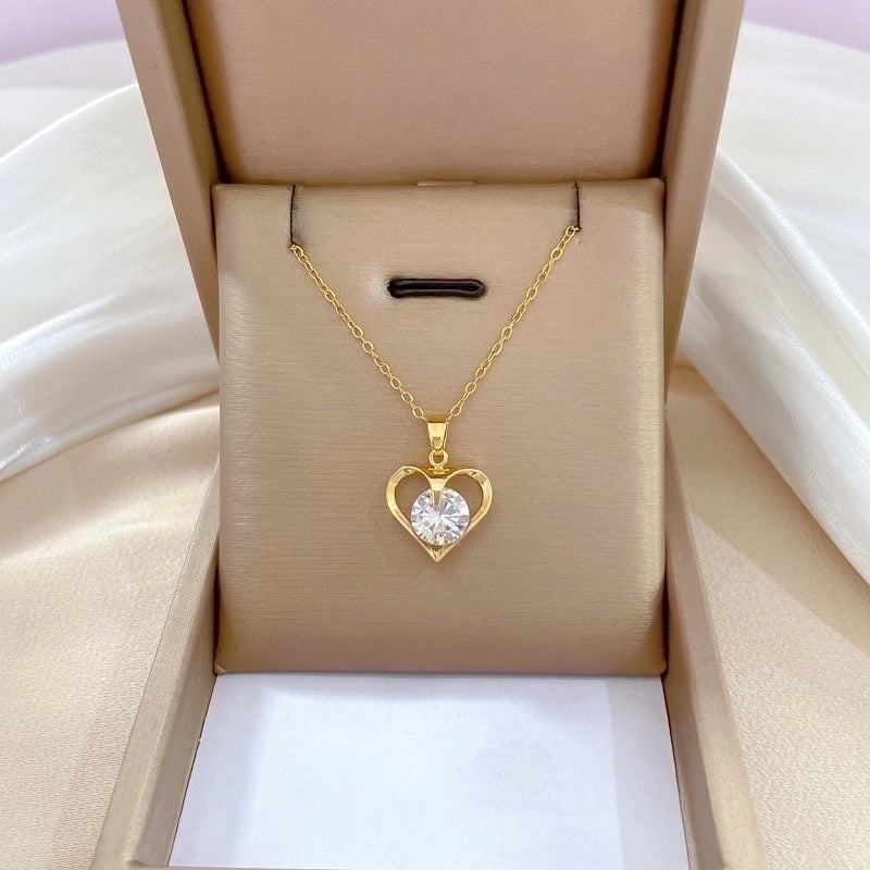 2 Pieces Minimalist Classic Style Geometric Heart Shape Titanium Steel Copper Zircon Pendant Necklace In Bulk