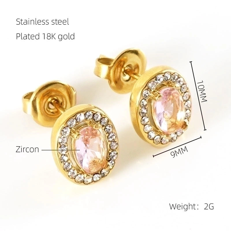 1 Pair Shiny Oval Inlay Stainless Steel Zircon 18K Gold Plated Ear Studs