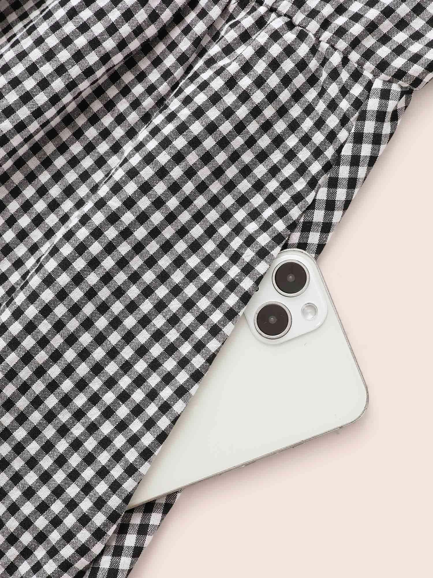 Gingham Notched Ruffle Hem Lantern Sleeve Dress