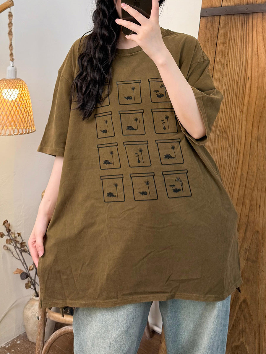 Women Summer Casual Cotton Print O-Neck Shirt